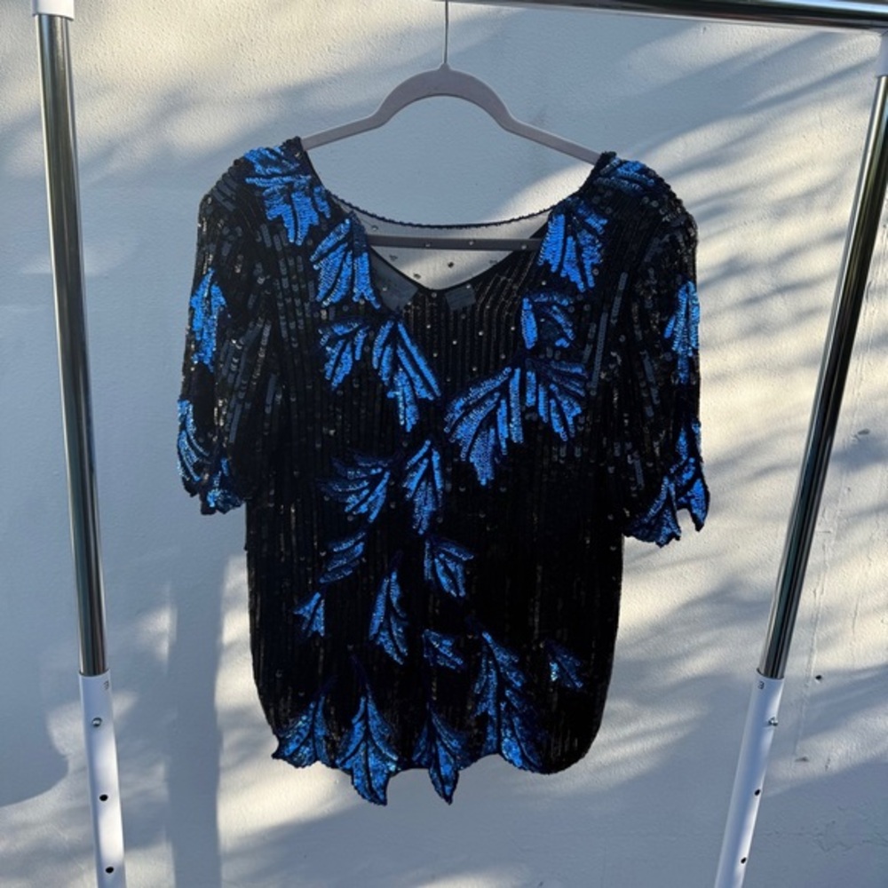 Vintage 80s 100% Silk Black & Blue Sequin Glam Top Size Small